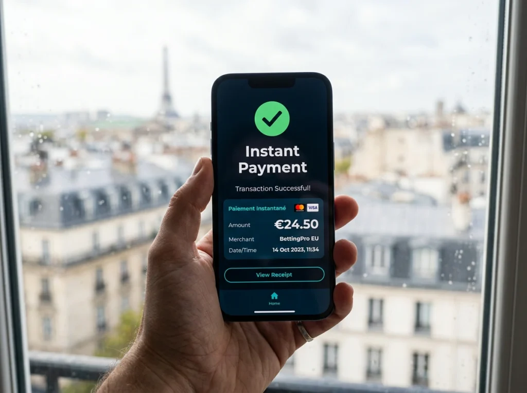 Terminal de paiement mobile affichant un transfert instantané vers un bookmaker européen