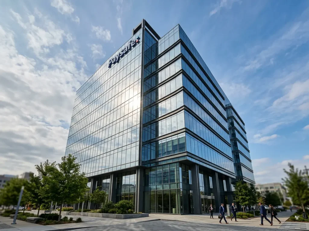 Siège social de Paysafe, société mère de Skrill, avec le logo de l