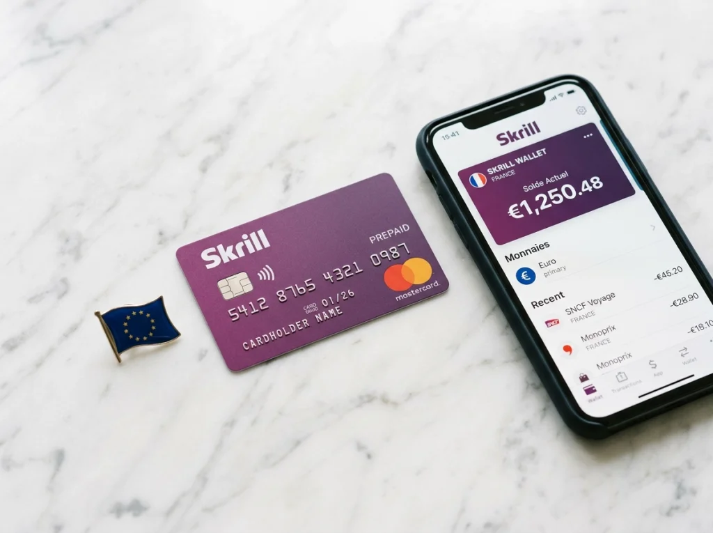 Carte Skrill Mastercard posée à côté d