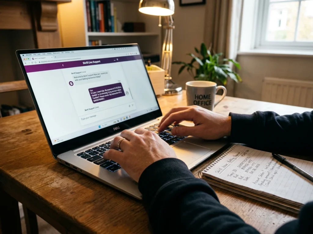 Écran de chat en direct avec le support client Skrill sur un ordinateur portable